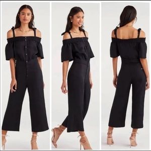 7 For All Mankind SMOCKED OFF-SHOULDER Linen JUMPSUIT IN JET BLACK - XS - NWT